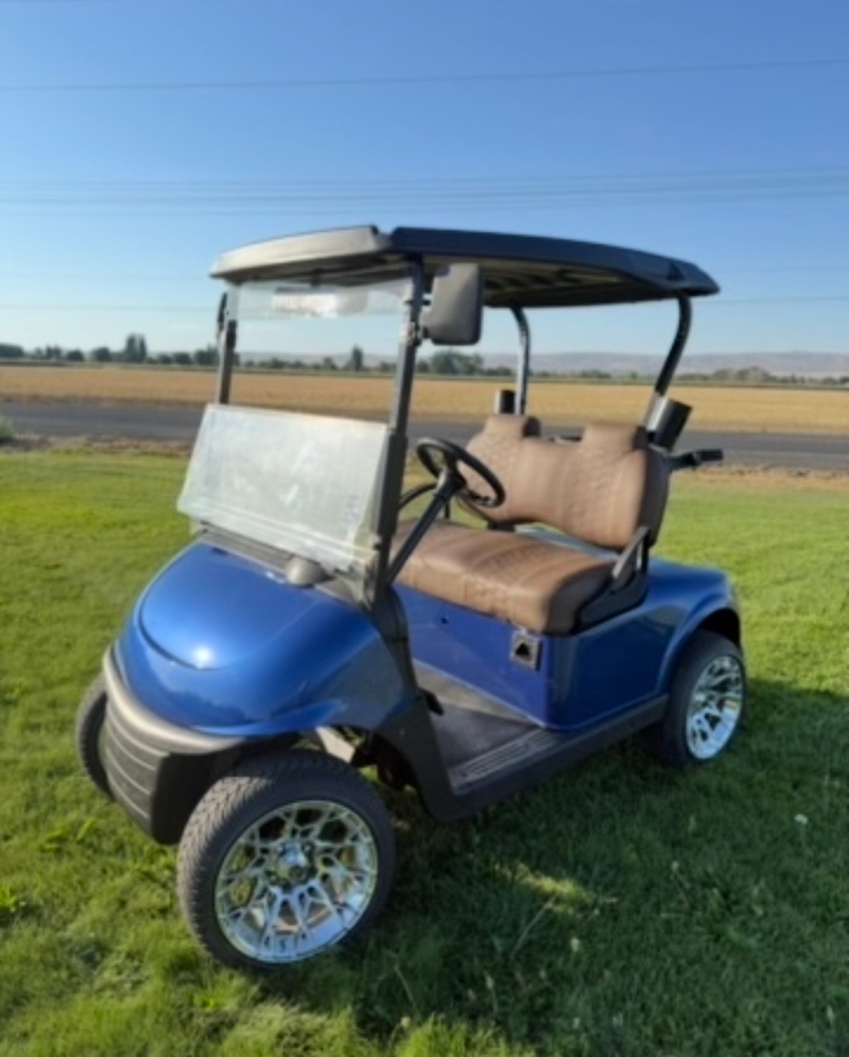 Blue golf cart with brown custom seats and chrome wheels