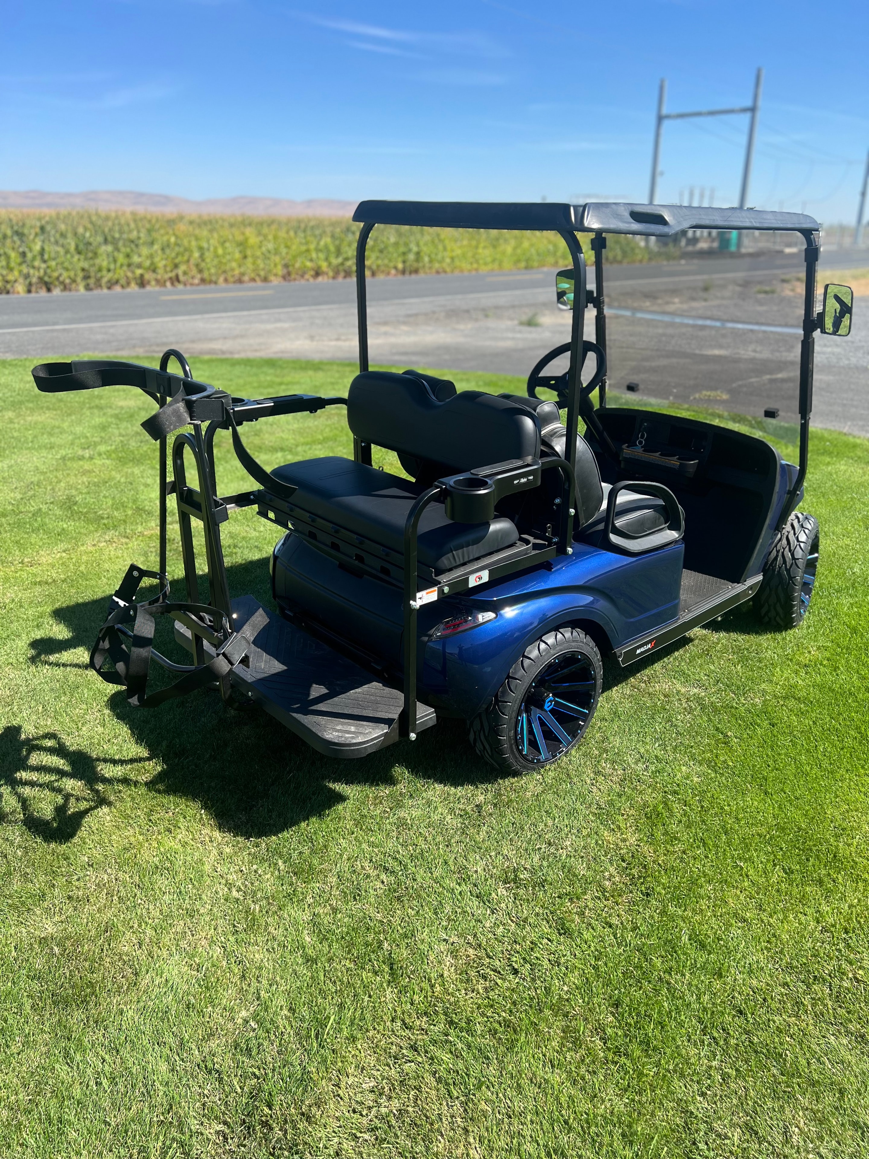 Blue custom golf cart with rear golf bag rack