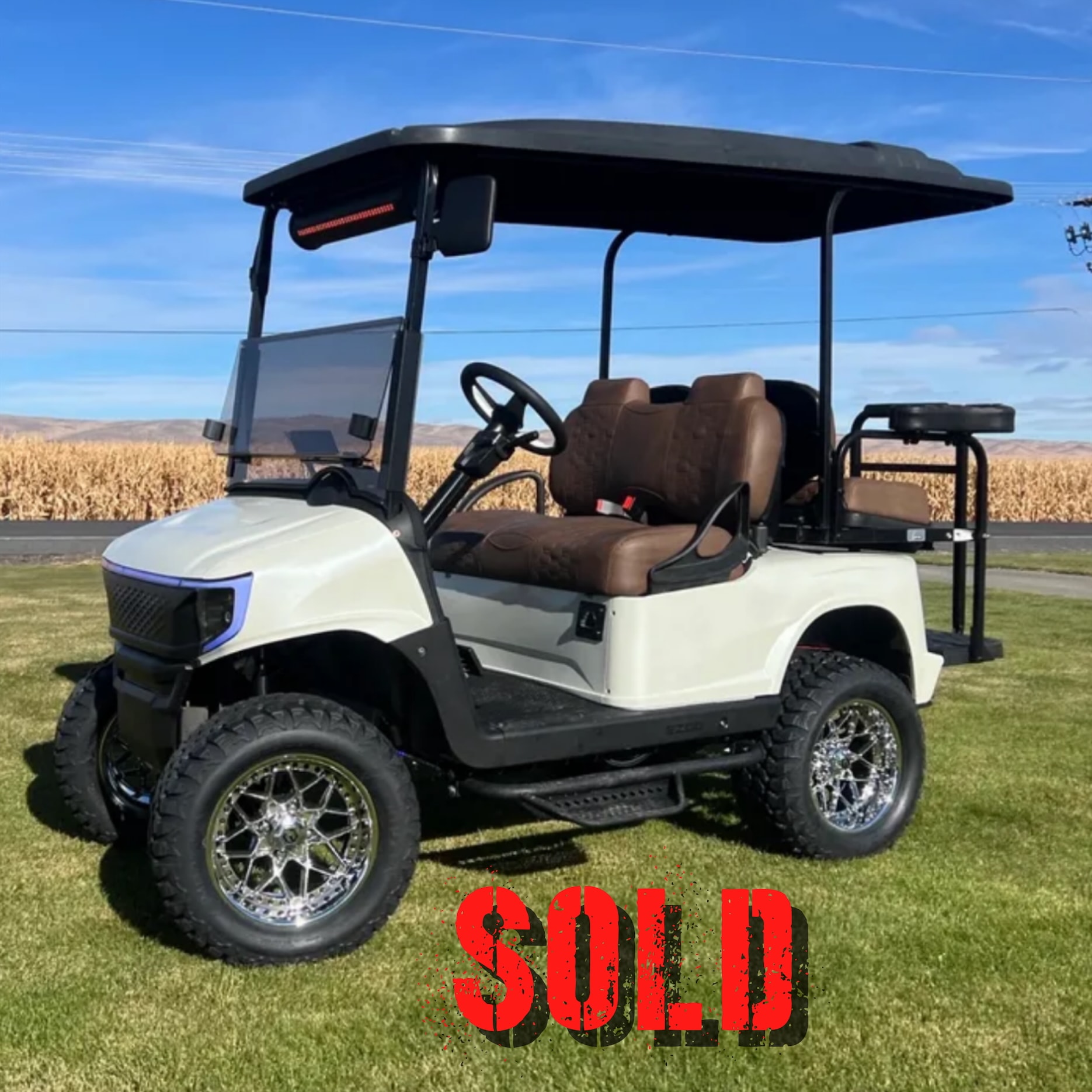 White cargo golf cart beside a cornfield